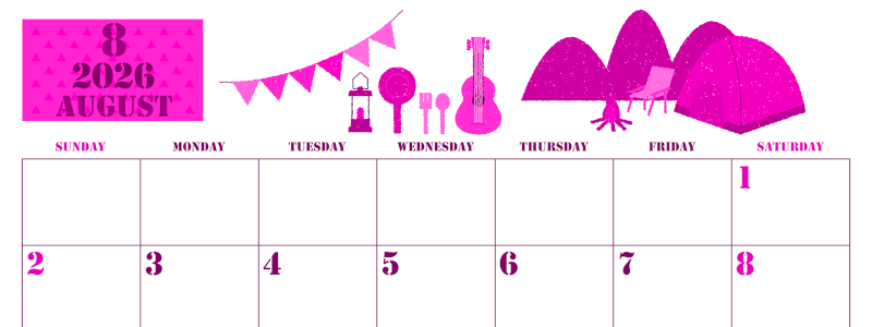 2026年8月横型日曜始まり 夏休みイラストのかわいいA4無料ピンクのカレンダー(2026-00790800)