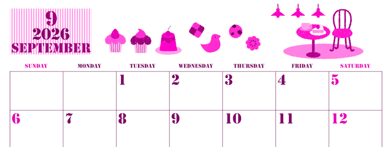 2026年9月横型日曜始まり 食欲の秋イラストのかわいいA4無料ピンクのカレンダー(2026-00790900)