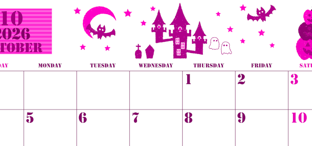 2026年10月横型日曜始まり ハロウィンイラストがかわいいA4無料ピンクのカレンダー(2026-00791000)