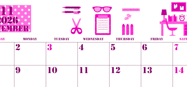 2026年11月横型日曜始まり 文房具イラストのかわいいA4無料ピンクのカレンダー(2026-00791100)