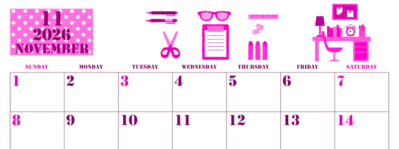 2026年11月横型日曜始まり 文房具イラストのかわいいA4無料ピンクのカレンダー(2026-00791100)