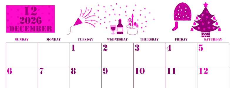 2026年12月横型日曜始まり パーティーのイラストがかわいいA4無料ピンクのカレンダー(2026-00791200)
