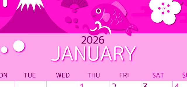 2026年1月縦型月曜始まり 和風な新春イラストのかわいいA4無料ピンクのカレンダー(2026-00810111)