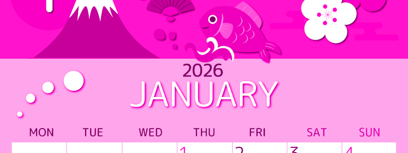 2026年1月縦型月曜始まり 和風な新春イラストのかわいいA4無料ピンクのカレンダー(2026-00810111)