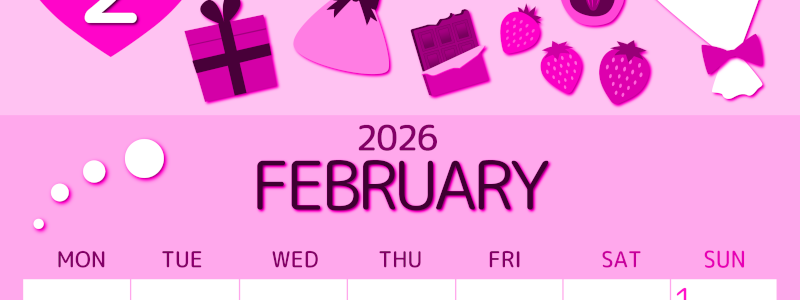 2026年2月縦型月曜始まり プレゼントがかわいいイラストA4無料ピンクのカレンダー(2026-00810211)