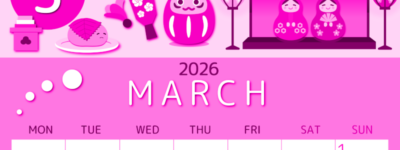 2026年3月縦型月曜始まり 桜花弁イラストのかわいいA4無料ピンクのカレンダー(2026-00810311)