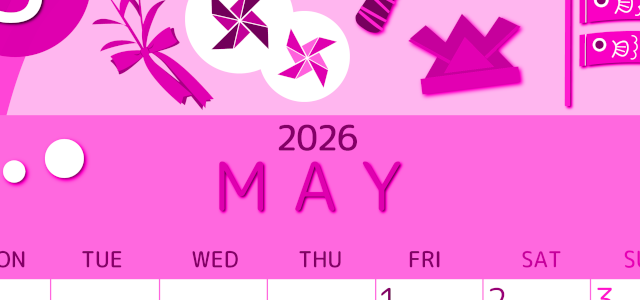 2026年5月縦型月曜始まり イベントイラストのかわいいA4無料ピンクのカレンダー(2026-00810511)