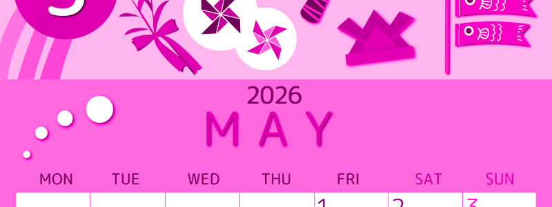 2026年5月縦型月曜始まり イベントイラストのかわいいA4無料ピンクのカレンダー(2026-00810511)