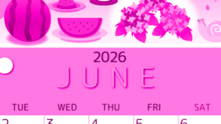 2026年6月縦型月曜始まり すいかイラストのかわいいA4無料ピンクのカレンダー(2026-00810611)