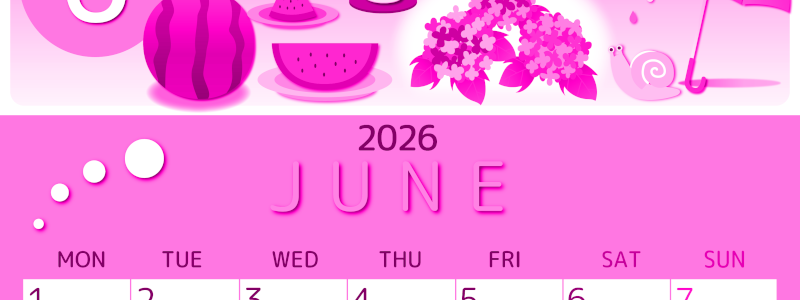 2026年6月縦型月曜始まり すいかイラストのかわいいA4無料ピンクのカレンダー(2026-00810611)