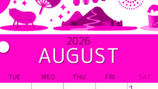 2026年8月縦型月曜始まり 夏祭りイラストのかわいいA4無料ピンクのカレンダー(2026-00810811)
