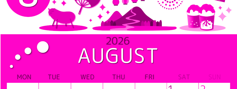 2026年8月縦型月曜始まり 夏祭りイラストのかわいいA4無料ピンクのカレンダー(2026-00810811)