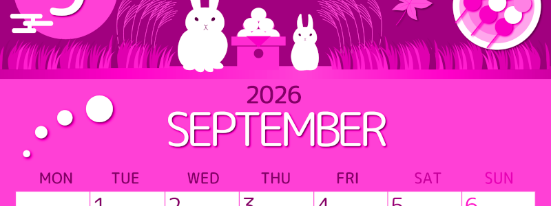 2026年9月縦型月曜始まり 十五夜イラストのかわいいA4無料ピンクのカレンダー(2026-00810911)