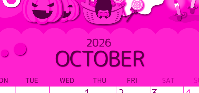 2026年10月縦型月曜始まり 行事イラストのかわいいA4無料ピンクのカレンダー(2026-00811011)