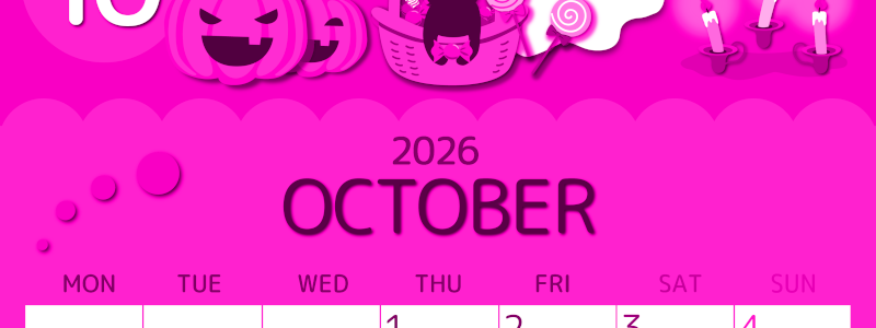 2026年10月縦型月曜始まり 行事イラストのかわいいA4無料ピンクのカレンダー(2026-00811011)