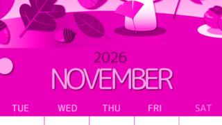 2026年11月縦型月曜始まり きのこイラストのかわいいA4無料ピンクのカレンダー(2026-00811111)