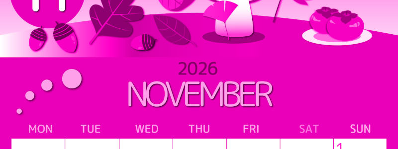 2026年11月縦型月曜始まり きのこイラストのかわいいA4無料ピンクのカレンダー(2026-00811111)