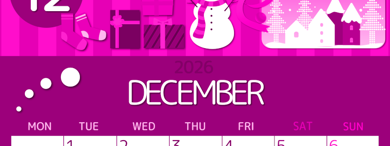 2026年12月縦型月曜始まり 雪だるまイラストのかわいいA4無料ピンクのカレンダー(2026-00811211)