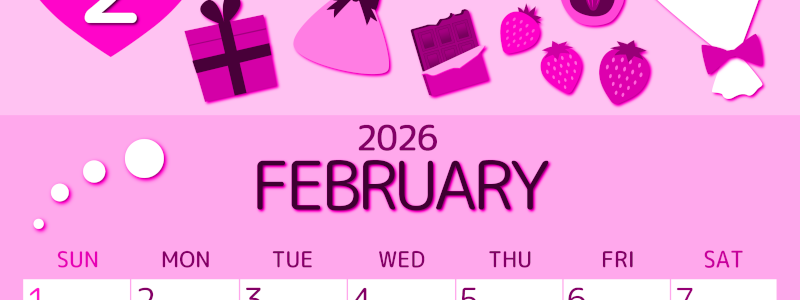 2026年2月縦型日曜始まり プレゼントがかわいいイラストA4無料ピンクのカレンダー(2026-00810210)