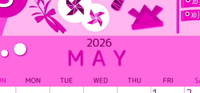 2026年5月縦型日曜始まり イベントイラストのかわいいA4無料ピンクのカレンダー(2026-00810510)