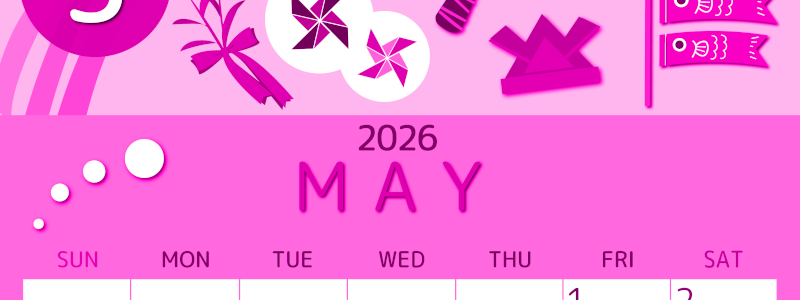 2026年5月縦型日曜始まり イベントイラストのかわいいA4無料ピンクのカレンダー(2026-00810510)