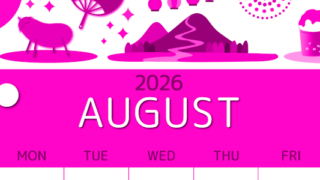 2026年8月縦型日曜始まり 夏祭りイラストのかわいいA4無料ピンクのカレンダー(2026-00810810)