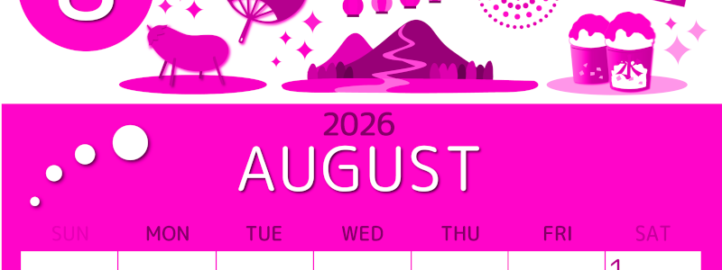 2026年8月縦型日曜始まり 夏祭りイラストのかわいいA4無料ピンクのカレンダー(2026-00810810)