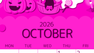 2026年10月縦型日曜始まり 行事イラストのかわいいA4無料ピンクのカレンダー(2026-00811010)