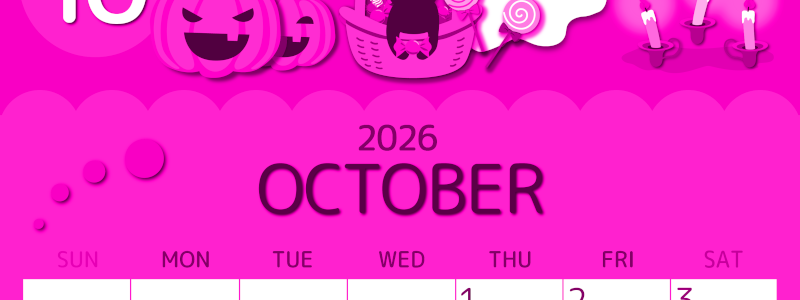 2026年10月縦型日曜始まり 行事イラストのかわいいA4無料ピンクのカレンダー(2026-00811010)