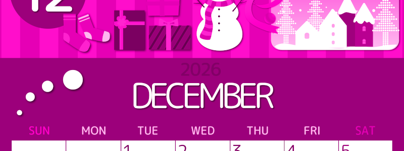 2026年12月縦型日曜始まり 雪だるまイラストのかわいいA4無料ピンクのカレンダー(2026-00811210)