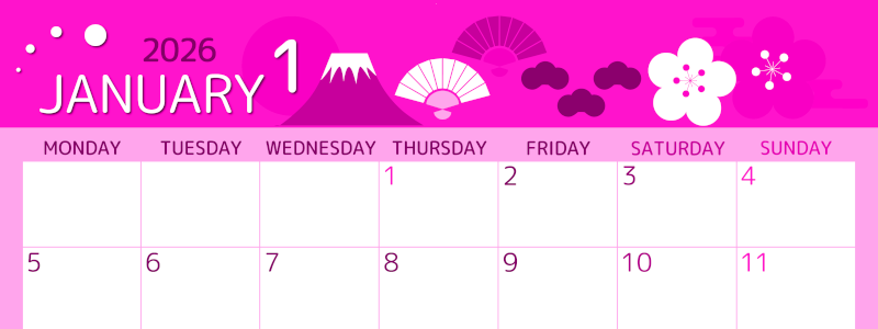 2026年1月横型月曜始まり 和風な元旦イラストのかわいいA4無料ピンクのカレンダー(2026-00810101)