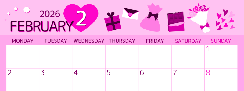 2026年2月横型月曜始まり プレゼントがかわいいイラストA4無料ピンクのカレンダー(2026-00810201)