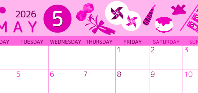 2026年5月横型月曜始まり イベントイラストのかわいいA4無料ピンクのカレンダー(2026-00810501)