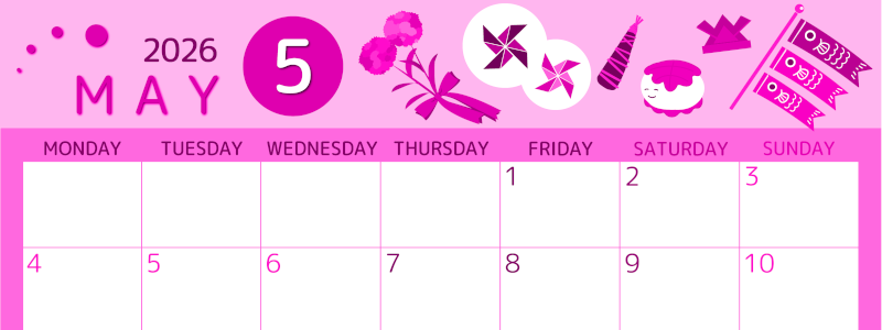 2026年5月横型月曜始まり イベントイラストのかわいいA4無料ピンクのカレンダー(2026-00810501)