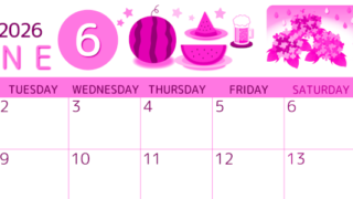 2026年6月横型月曜始まり すいかイラストのかわいいA4無料ピンクのカレンダー(2026-00810601)