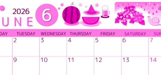 2026年6月横型月曜始まり すいかイラストのかわいいA4無料ピンクのカレンダー(2026-00810601)
