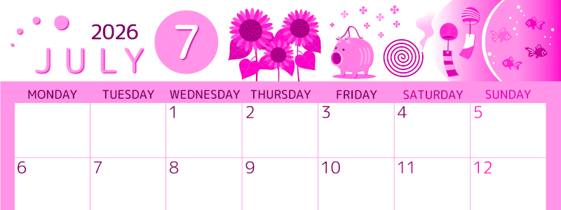 2026年7月横型月曜始まり 蚊取り線香イラストのかわいいA4無料ピンクのカレンダー(2026-00810701)