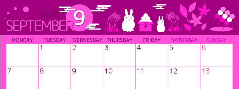 2026年9月横型月曜始まり 十五夜イラストのかわいいA4無料ピンクのカレンダー(2026-00810901)