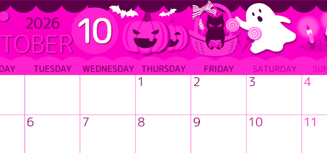 2026年10月横型月曜始まり 行事イラストのかわいいA4無料ピンクのカレンダー(2026-00811001)