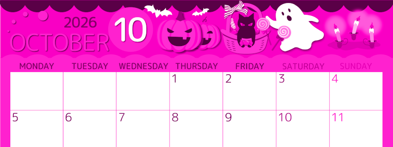 2026年10月横型月曜始まり 行事イラストのかわいいA4無料ピンクのカレンダー(2026-00811001)