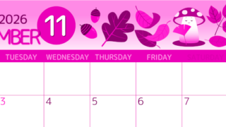 2026年11月横型月曜始まり きのこイラストのかわいいA4無料ピンクのカレンダー(2026-00811101)