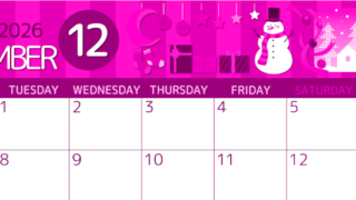 2026年12月横型月曜始まり 雪だるまイラストのかわいいA4無料ピンクのカレンダー(2026-00811201)