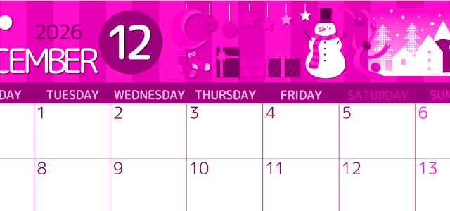 2026年12月横型月曜始まり 雪だるまイラストのかわいいA4無料ピンクのカレンダー(2026-00811201)