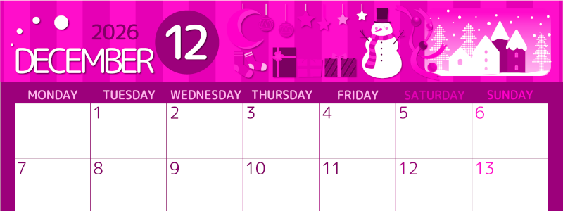 2026年12月横型月曜始まり 雪だるまイラストのかわいいA4無料ピンクのカレンダー(2026-00811201)
