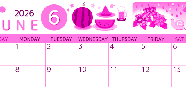 2026年6月横型日曜始まり すいかイラストのかわいいA4無料ピンクのカレンダー(2026-00810600)