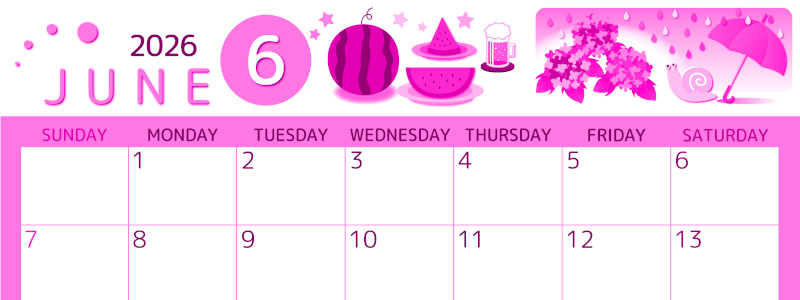 2026年6月横型日曜始まり すいかイラストのかわいいA4無料ピンクのカレンダー(2026-00810600)