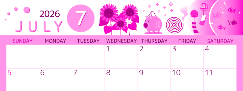 2026年7月横型日曜始まり 蚊取り線香イラストのかわいいA4無料ピンクのカレンダー(2026-00810700)
