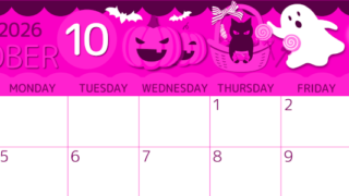 2026年10月横型日曜始まり 行事イラストのかわいいA4無料ピンクのカレンダー(2026-00811000)