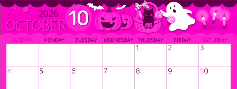 2026年10月横型日曜始まり 行事イラストのかわいいA4無料ピンクのカレンダー(2026-00811000)
