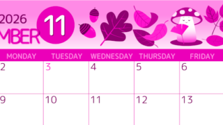 2026年11月横型日曜始まり きのこイラストのかわいいA4無料ピンクのカレンダー(2026-00811100)